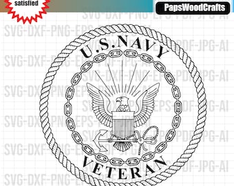 May include: Black and white line art design of the U.S. Navy seal with the words "U.S. Navy" and "Veteran" inside a rope circle.