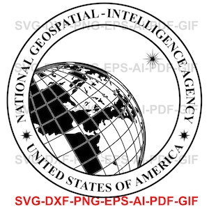 May include: Black and white graphic of the National Geospatial-Intelligence Agency seal. The seal features a globe, a star, and the text "National Geospatial-Intelligence Agency" and "United States of America."