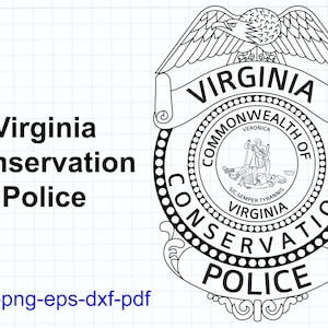 Op de afbeelding: Zwart-wit ontwerp van een Virginia Conservation Police-badge. De badge toont een adelaar bovenaan, het woord "VIRGINIA" en de tekst "COMMONWEALTH OF VIRGINIA". De woorden "CONSERVATION POLICE" staan ook afgebeeld.