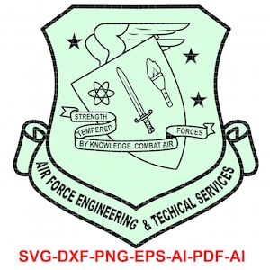 May include: A vector graphic of an Air Force Engineering & Technical Services emblem. The emblem is light green with black outlines and features a shield with a sword, atom symbol, and torch. Text includes "Strength Tempered by Knowledge Combat Air."