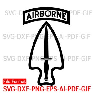 May include: Black and white graphic of the Airborne insignia. The design features a black arrowhead with a dagger in the center, and a curved banner above with the word "AIRBORNE". The words "File Format" are in a red rectangle.