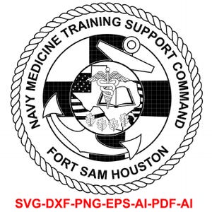 Könnte beinhalten: Schwarz-weißes Abzeichen des Navy Medicine Training Support Command. Das Design umfasst einen Anker, einen Caduceus, ein offenes Buch und die Umrisse von Texas. Der Text lautet "Navy Medicine Training Support Command" und "Fort Sam Houston".