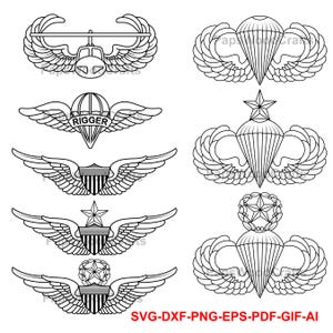 May include: A set of eight black and white line art military insignia, including a parachute rigger badge, a jumpmaster badge, and a flight engineer badge. The badges are all in a similar style, with wings and a central design.