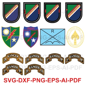 May include: A collection of military-style emblems and patches including shield-shaped insignias with sun and lightning bolt motifs, rectangular tactical symbols, and curved tabs with text such as 75 RANGER RGT and 1ST RANGER BN. The text SVG-DXF-PNG-EPS-AI-PDF appears at the bottom.