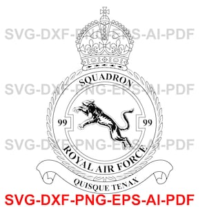 Könnte beinhalten: Schwarz-weißes Emblem der Royal Air Force. Das Design zeigt eine Krone, ein kreisförmiges Emblem mit einem springenden Panther und den Text "SQUADRON", "ROYAL AIR FORCE" und "QUISQUE TENAX". Die Zahl "99" erscheint auf beiden Seiten des Panthers.