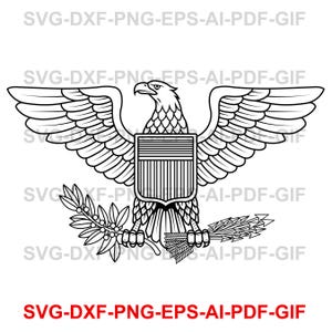 Może przedstawiać: Czarno-biała ilustracja wektorowa orła z rozpostartymi skrzydłami, trzymającego gałązkę oliwną i strzały. Orzeł ma tarczę na piersi. Tekst "SVG-DXF-PNG-EPS-AI-PDF-GIF" znajduje się nad i pod orłem.