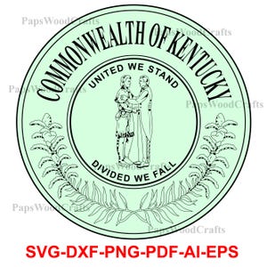 Könnte beinhalten: Schwarz-weiß-Illustration des offiziellen Siegels des Commonwealth of Kentucky. Das Siegel zeigt zwei Männer, die sich die Hände schütteln, einer in traditioneller indianischer Kleidung und der andere im Anzug. Der Text "Commonwealth of Kentucky", "United We Stand" und "Divided We Fall" ist um die Männer herum angeordnet. Das Siegel ist von einem Kranz aus Blättern umgeben.