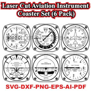 May include: A set of six black and white aviation instrument coasters. Designs include altimeter, airspeed, and turn coordinator gauges. Text reads "Laser Cut Aviation Instrument Coaster Set (6 Pack)".