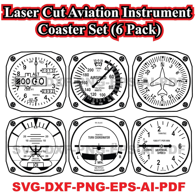 Puede incluir: Juego de posavasos en blanco y negro con seis dise&ntilde;os de instrumentos de aviaci&oacute;n. Los posavasos incluyen indicadores de alt&iacute;metro, velocidad aerodin&aacute;mica y viraje, con el texto "Laser Cut Aviation Instrument Coaster Set (6 Pack)".