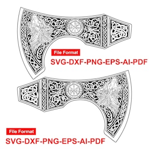 Puede incluir: Diseño en blanco y negro de una cabeza de hacha vikinga con un lobo aullando, nudos celtas y una rosa de los vientos. El texto "File Format" y "SVG-DXF-PNG-EPS-AI-PDF" se muestra en rojo. Adecuado para proyectos de arte digital.