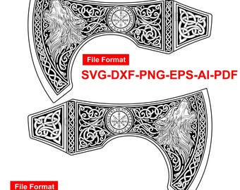 Viking Wolf bijl hoofd gravure ontwerp - Celtic Knotwork & Vegvisir kompas - digitale download Svg Dxf Png Eps Ai Pdf