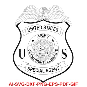 以下が含まれることがあります： アメリカ陸軍の対諜報活動特別捜査官のバッジの白黒グラフィック。バッジの上部にはワシ、"United States Army"と"Special Agent"の文字が描かれています。文字 "U" と "S" が両側にあります。