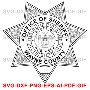 May include: Black and white illustration of a sheriff's badge with a six-pointed star shape. The badge features the text "Office of Sheriff", "State of New York", and "Wayne County".