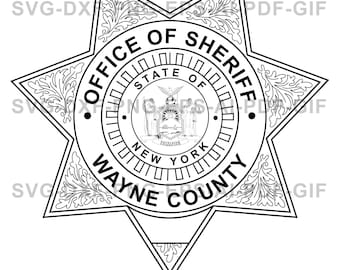 New York, comté de Wayne, shérif, logo, badge, découpe laser, art vectoriel, fichiers coupés, impression numérique, IA, Svg, Dxf, Png, Gif,