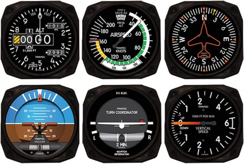 Puede incluir: Colecci&oacute;n de seis indicadores de instrumentos de aviaci&oacute;n negros. Los indicadores muestran informaci&oacute;n como altitud, velocidad y velocidad vertical. Cada indicador tiene marcas y agujas blancas sobre un fondo negro. Los instrumentos est&aacute;n etiquetados con texto.