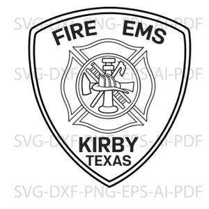 以下が含まれることがあります： 上部に「FIRE EMS」、下部に「KIRBY TEXAS」の文字が入った盾形のエンブレムの白黒グラフィックデザイン。中央にはマルタ十字のシンボルがあり、その中に消防士のヘルメット、はしご、斧のアイコンが描かれています。