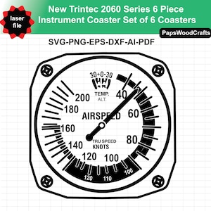 Puede incluir: Dise&ntilde;o en blanco y negro de un panel de instrumentos, con las etiquetas "AIRSPEED" y "TRU SPEED KNOTS". El dise&ntilde;o incluye el texto "New Trintec 2060 Series 6 Piece Instrument Coaster Set of 6 Coasters" y "SVG-PNG-EPS-DXF-AI-PDF".