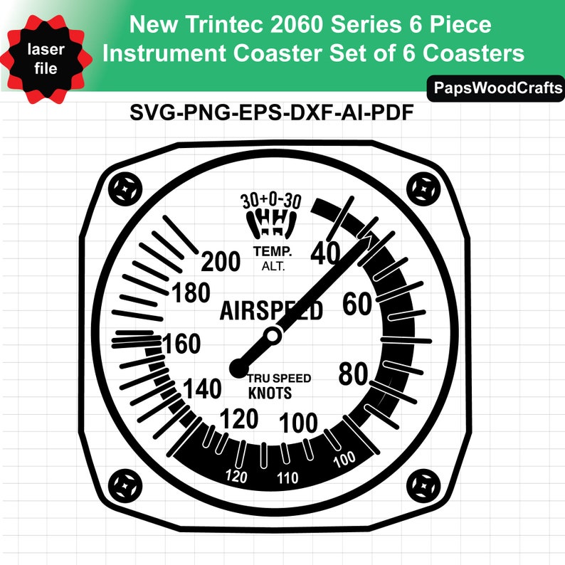 Puede incluir: Dise&ntilde;o en blanco y negro de un panel de instrumentos, con las etiquetas "AIRSPEED" y "TRU SPEED KNOTS". El dise&ntilde;o incluye el texto "New Trintec 2060 Series 6 Piece Instrument Coaster Set of 6 Coasters" y "SVG-PNG-EPS-DXF-AI-PDF".