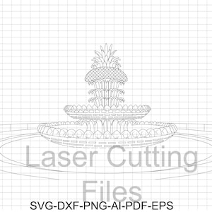 May include: Line art drawing of a pineapple fountain with three tiers. The fountain is surrounded by a circular pool with concentric rings. The text "Laser Cutting Files SVG-DXF-PNG-AI-PDF-EPS" is at the bottom of the image.