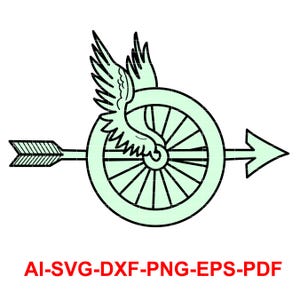 May include: A black and white illustration of a stylized winged wheel with an arrow pointing to the right. The wheel has a light green background.