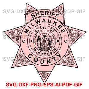 May include: A pink and black star-shaped badge with the text "Sheriff Milwaukee County State of Wisconsin" and the state seal of Wisconsin.