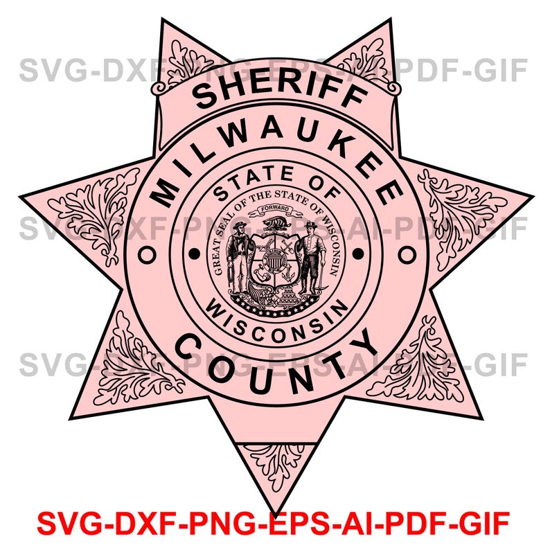 May include: A pink and black star-shaped badge with the text "Sheriff Milwaukee County State of Wisconsin" and the state seal of Wisconsin.