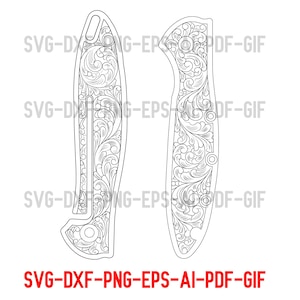 Puede incluir: Dos plantillas detalladas de mango de cuchillo con adornos florales ornamentados. Los diseños son en blanco y negro, con el texto "SVG-DXF-PNG-EPS-AI-PDF-GIF" en rojo en la parte inferior y "SVG-D..." en negro arriba.