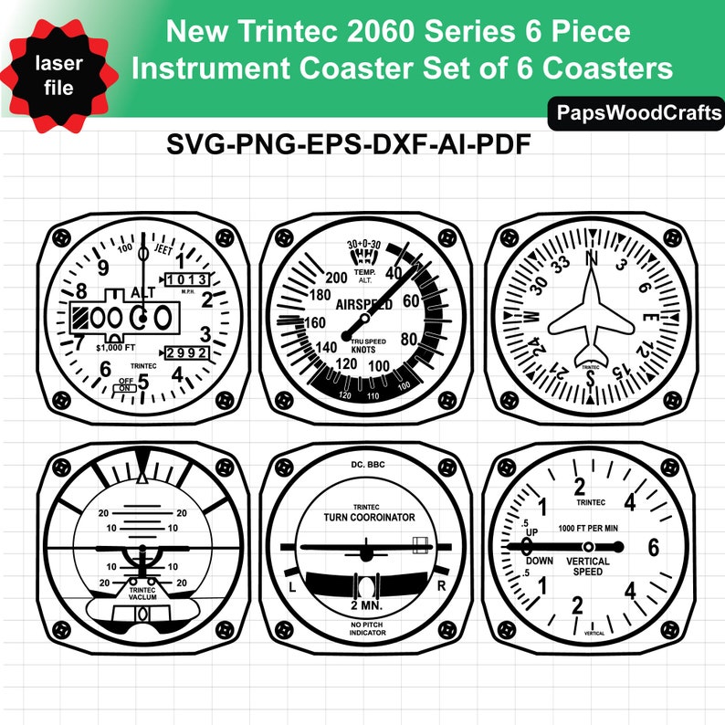 Puede incluir: Un juego de seis posavasos de instrumentos en blanco y negro con dise&ntilde;os tem&aacute;ticos de aviaci&oacute;n. Cada posavasos presenta un indicador diferente, incluyendo un alt&iacute;metro, un indicador de velocidad y un coordinador de giro. El texto "New Trintec 2060 Series 6 Piece Instrument Coaster Set of 6 Coasters" es visible.