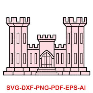 以下が含まれることがあります： ピンクの城の白黒の線画。城は3つの塔があり、尖った屋根と大きなアーチ型の入り口があります。絵は白い背景です。