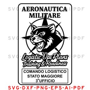 Może przedstawiać: Czarno-biała grafika z tekstem "AERONAUTICA MILITARE" i "Logistic Ops Plans Training & Readiness". Obraz zawiera warczącą głowę wilka wewnątrz gwiazdy. Tekst na dole brzmi "COMANDO LOGISTICO STATO MAGGIORE 3° UFFICIO".