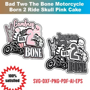 May include: Two digital cut files for a motorcycle themed birthday party. One design features the name Cambree and the other features the name Jensen. Both designs include a motorcycle, a skull, a spider, a spider web, dice, and the number 2. The text "Bad to the Bone" is included in both designs.