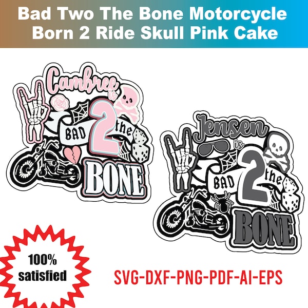 Bewerkbare (naam) Bad Two The Bone Motorcycle Born 2 Ride Skull Pink Cake Topper Digitaal bestand, Custom, Ai, Vector, SVG, DXF, PNG,