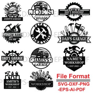 May include: A collection of black metal workshop signs with various designs. The signs feature tools, trucks, and text such as "Jason's Garage," "Joe's Garage," and "Dad's Workshop." The file format is SVG-DXF-PNG-EPS-AI-PDF.