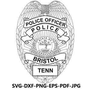 Bristol, Tennessee, politiepatch, badge, zegel, lasersnijden, vectorkunst, gesneden bestanden, digitaal printen, AI, Svg, dxf, png, gif, aangepast,
