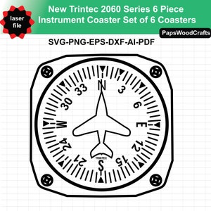 Puede incluir: Dise&ntilde;o de posavasos de instrumentos en blanco y negro con el texto "New Trintec 2060 Series 6 Piece Instrument Coaster Set of 6 Coasters". El dise&ntilde;o incluye una rosa de los vientos con un gr&aacute;fico de avi&oacute;n. Tambi&eacute;n est&aacute; presente el texto "laser file".
