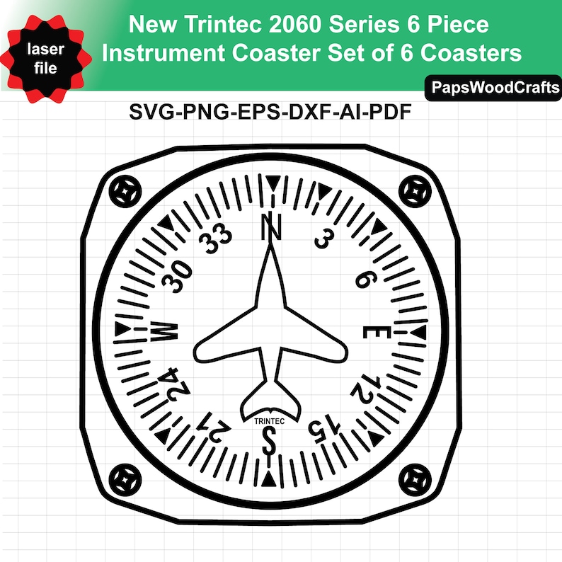Puede incluir: Dise&ntilde;o de posavasos de instrumentos en blanco y negro con el texto "New Trintec 2060 Series 6 Piece Instrument Coaster Set of 6 Coasters". El dise&ntilde;o incluye una rosa de los vientos con un gr&aacute;fico de avi&oacute;n. Tambi&eacute;n est&aacute; presente el texto "laser file".