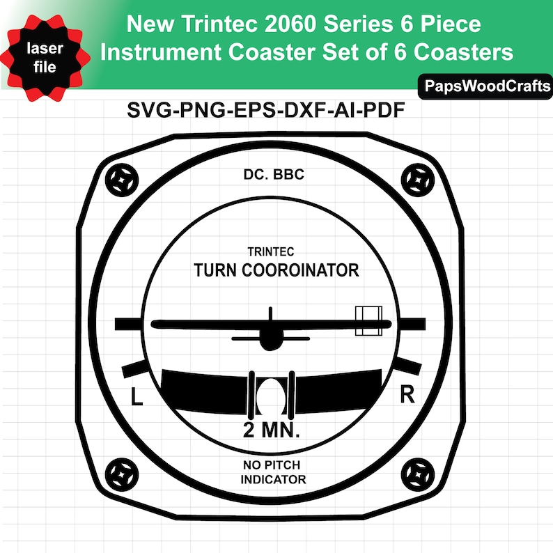 Puede incluir: Dise&ntilde;o de posavasos en blanco y negro con tem&aacute;tica de instrumentos. El posavasos presenta un indicador de viraje con el texto "TRINTEC TURN COOROINATOR". El dise&ntilde;o incluye el texto "New Trintec 2060 Series 6 Piece Instrument Coaster Set of 6 Coasters".
