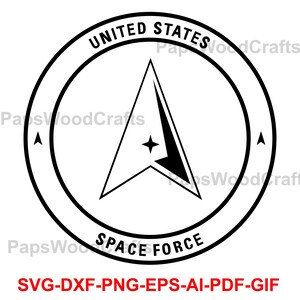 Peut inclure: Conception graphique en noir et blanc du logo de la Force spatiale des États-Unis. Le logo représente une étoile avec un point de boussole à l'intérieur d'un cercle avec les mots "United States Space Force".