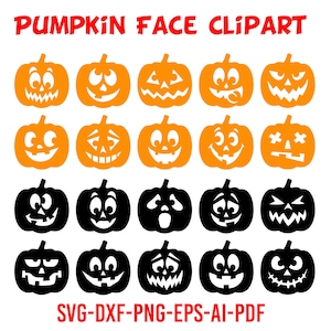 Puede incluir: Una colección de imágenes prediseñadas de caras de calabaza en naranja y negro. Las calabazas tienen varias expresiones talladas, incluyendo caras sonrientes, sonriendo y sorprendidas. El texto "PUMPKIN FACE CLIPART" está en la parte superior y "SVG-DXF-PNG-EPS-AI-PDF" en la parte inferior.