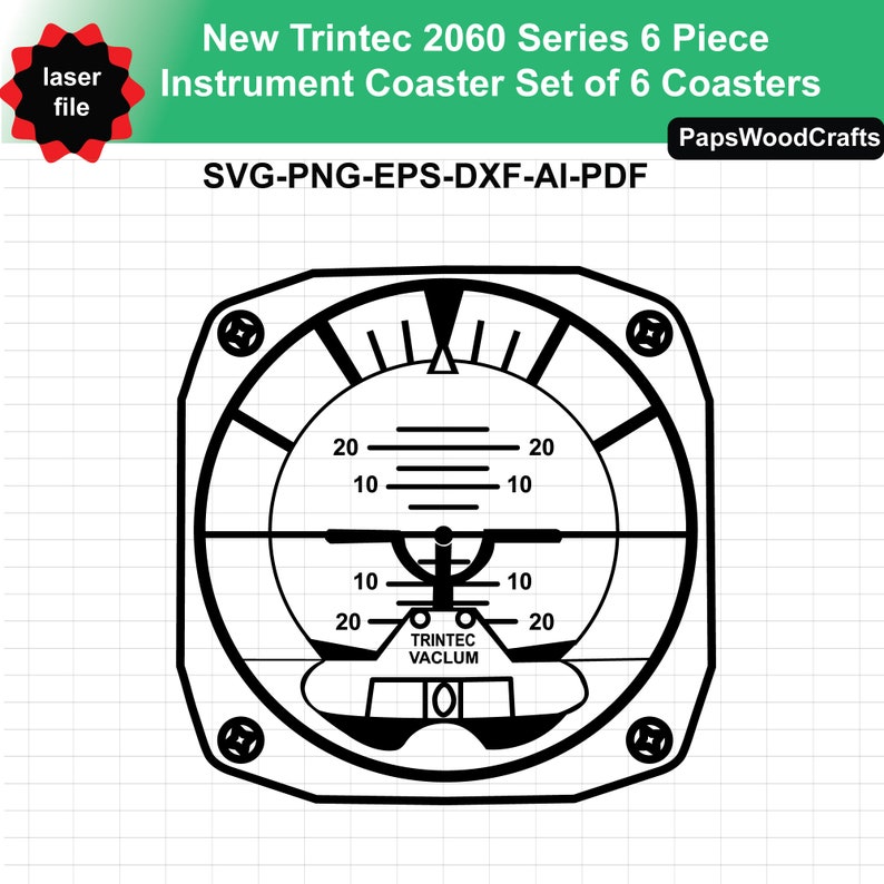 Puede incluir: Dise&ntilde;o de posavasos de instrumentos en blanco y negro con el texto "New Trintec 2060 Series 6 Piece Instrument Coaster Set of 6 Coasters". El dise&ntilde;o incluye un indicador con n&uacute;meros y l&iacute;neas. La imagen tambi&eacute;n incluye el texto "SVG-PNG-EPS-DXF-AI-PDF".