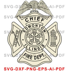 May include: A beige and black fire department emblem featuring an eagle, wings, and a Maltese cross design. The emblem includes the text "CHIEF EDMONTON ILLINOIS FIRE DEPT" and a fire hydrant, ladder, and axe.