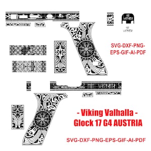 Könnte beinhalten: Schwarzweißes digitales Download-Design für eine Glock 17 G4 Austria Pistole. Das Design zeigt ein Wikinger-Walhalla-Thema mit komplizierten Mustern und Runen. SVG-DXF-PNG-EPS-GIF-AI-PDF.
