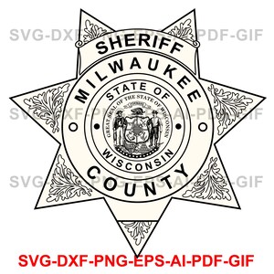 May include: Black and white illustration of a sheriff's badge with the text "Sheriff Milwaukee County State of Wisconsin" around the perimeter.