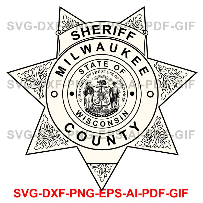 May include: Black and white illustration of a sheriff's badge with the text "Sheriff Milwaukee County State of Wisconsin" around the perimeter.
