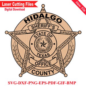 Op de afbeelding: Zwart-witte lijntekening van een sheriff-badge met de woorden "HIDALGO SHERIFF'S STATE OF TEXAS OFFICE COUNTY" erop.