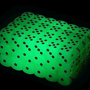 May include: A collection of glowing green dice with black pips. The dice are arranged in a stacked formation, with each die showing a different number of dots. The overall effect is a vibrant, eye-catching display.