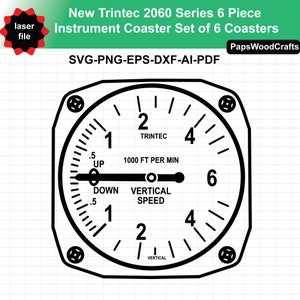 Puede incluir: Dise&ntilde;o de posavasos en blanco y negro con estilo de instrumento. El posavasos presenta un indicador con n&uacute;meros y marcas, incluido el texto "VERTICAL SPEED" y "1000 FT PER MIN". El dise&ntilde;o tambi&eacute;n incluye el texto "New Trintec 2060 Series 6 Piece Instrument Coaster Set of 6 Coasters".