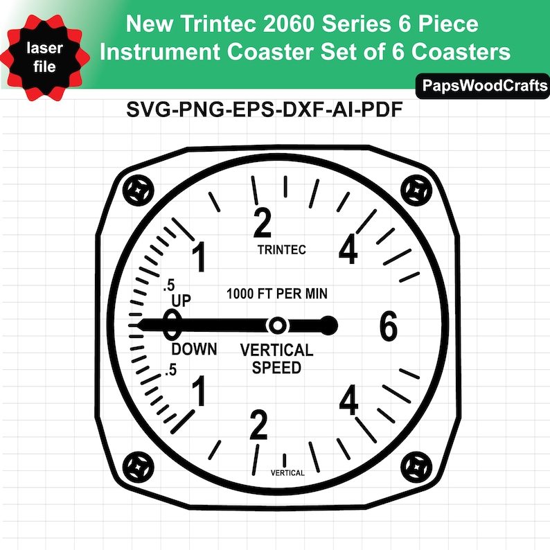 Puede incluir: Dise&ntilde;o de posavasos en blanco y negro con estilo de instrumento. El posavasos presenta un indicador con n&uacute;meros y marcas, incluido el texto "VERTICAL SPEED" y "1000 FT PER MIN". El dise&ntilde;o tambi&eacute;n incluye el texto "New Trintec 2060 Series 6 Piece Instrument Coaster Set of 6 Coasters".