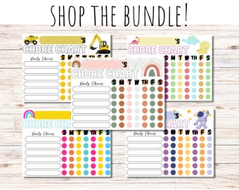 May include: A set of five printable chore charts for kids. Each chart features a different theme: construction, dinosaurs, rainbows, space, and a colorful polka dot design. Each chart includes a space for daily chores and a grid for tracking progress.
