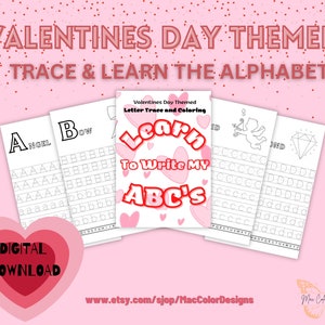Páginas de calco del alfabeto imprimibles con tema del Día de San Valentín / Coloración de letras preescolares con puntos / Material de aprendizaje en el hogar / Material de ayuda para maestros